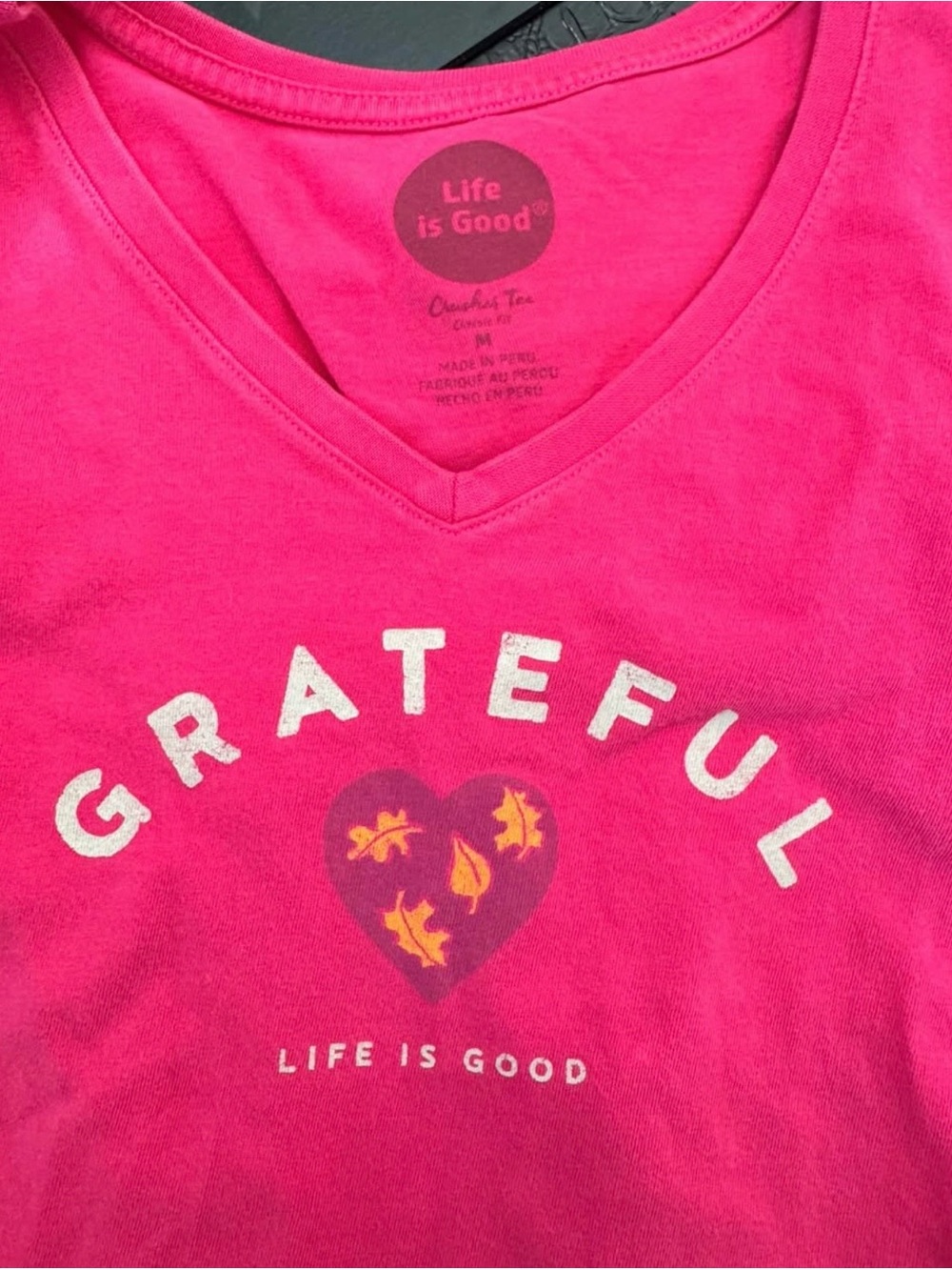 Life Is Good Hot Pink 'Grateful' V-Neck Tee with Heart Graphic
